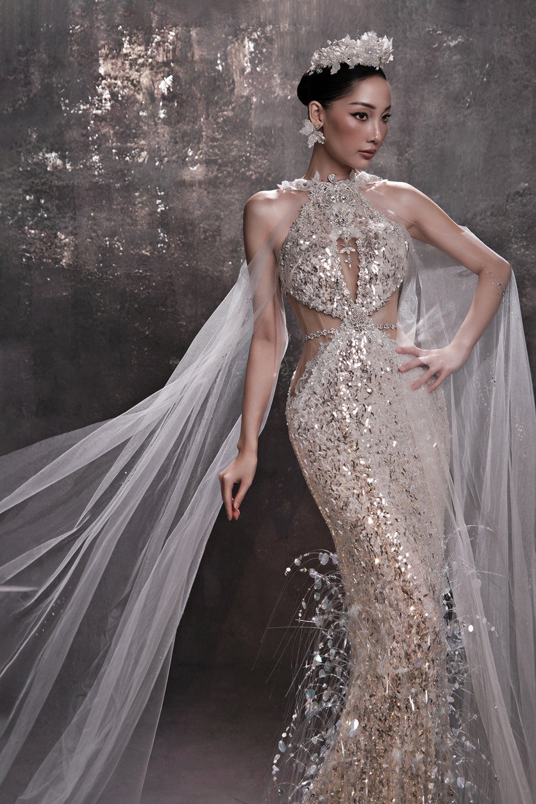 Crystal-Embellished Cape Dress