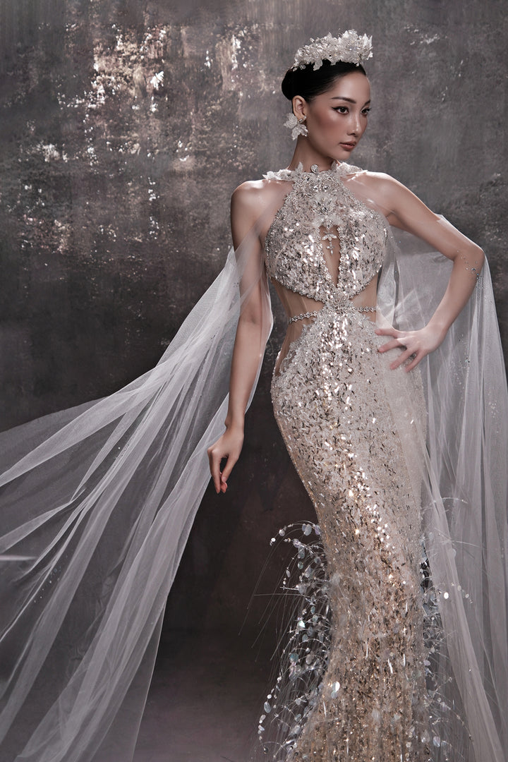 Crystal-Embellished Cape Dress