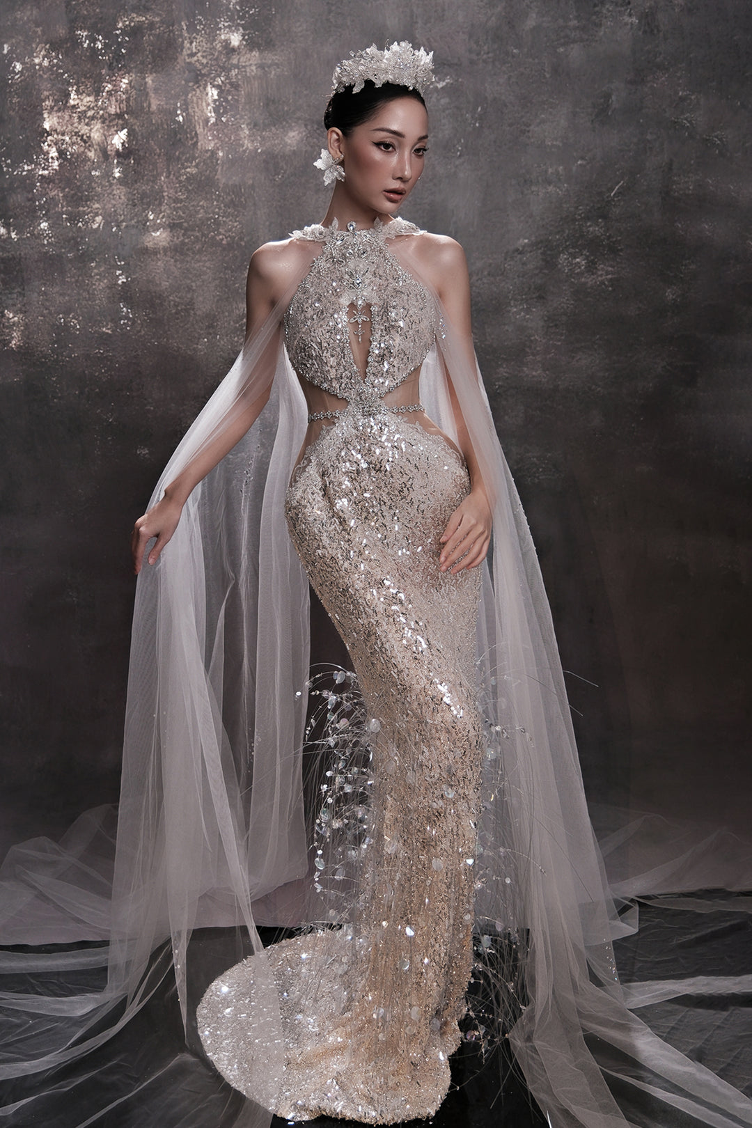 Crystal-Embellished Cape Dress