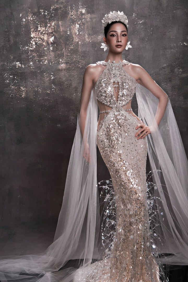 Crystal-Embellished Cape Dress