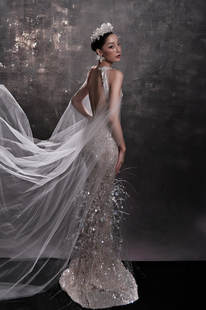 Crystal-Embellished Cape Dress