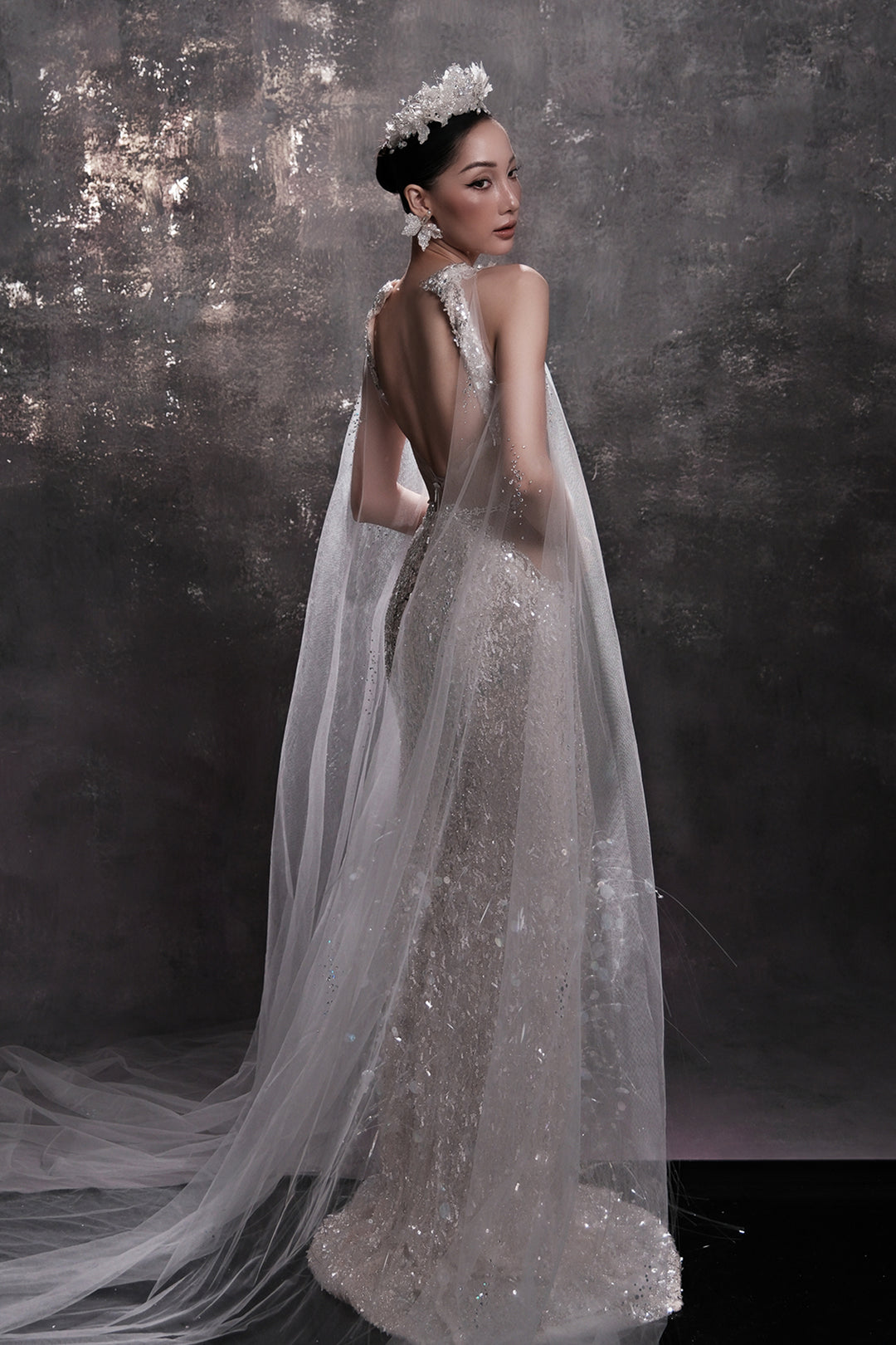 Crystal-Embellished Cape Dress