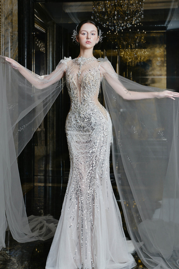 Full-Length Dress with Embellished Cape