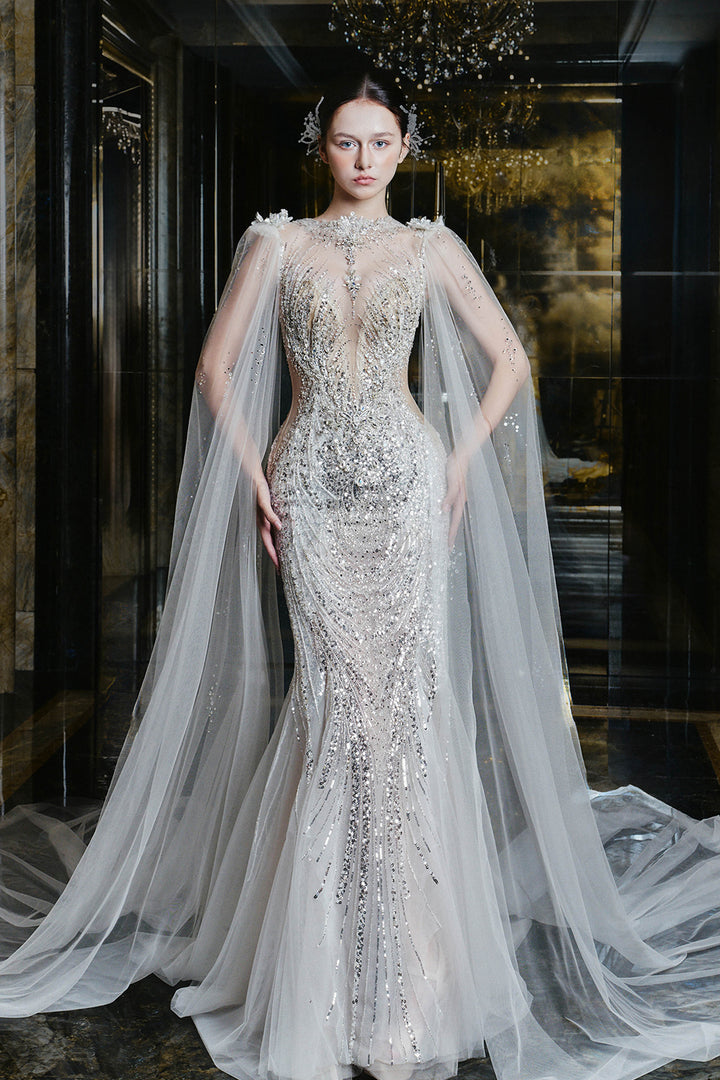 Full-Length Dress with Embellished Cape