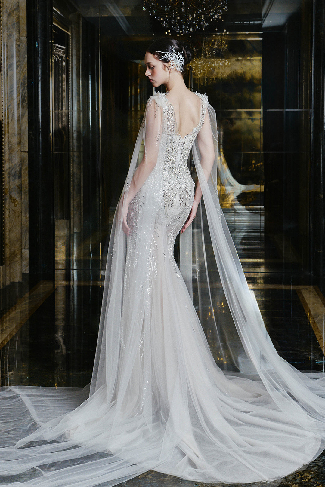 Full-Length Dress with Embellished Cape