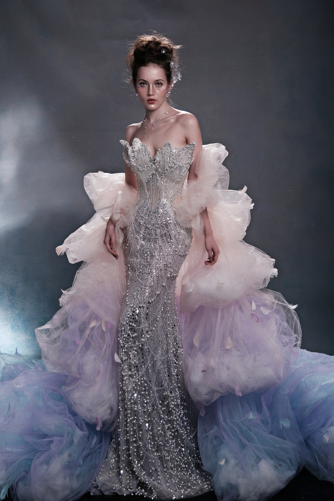 Crystal-Embellished Dress with Sleeves