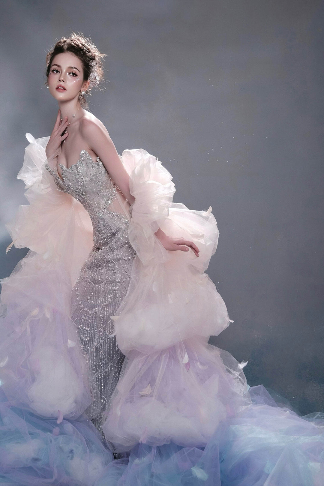 Crystal-Embellished Dress with Sleeves