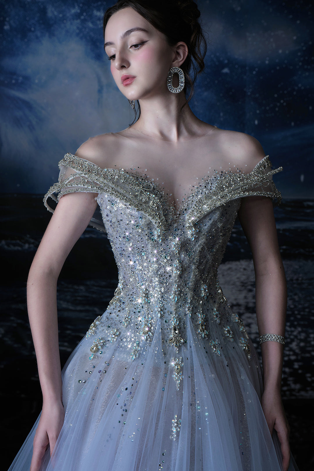 Off-The-Shoulder Neckline Beaded Embellishment Dress