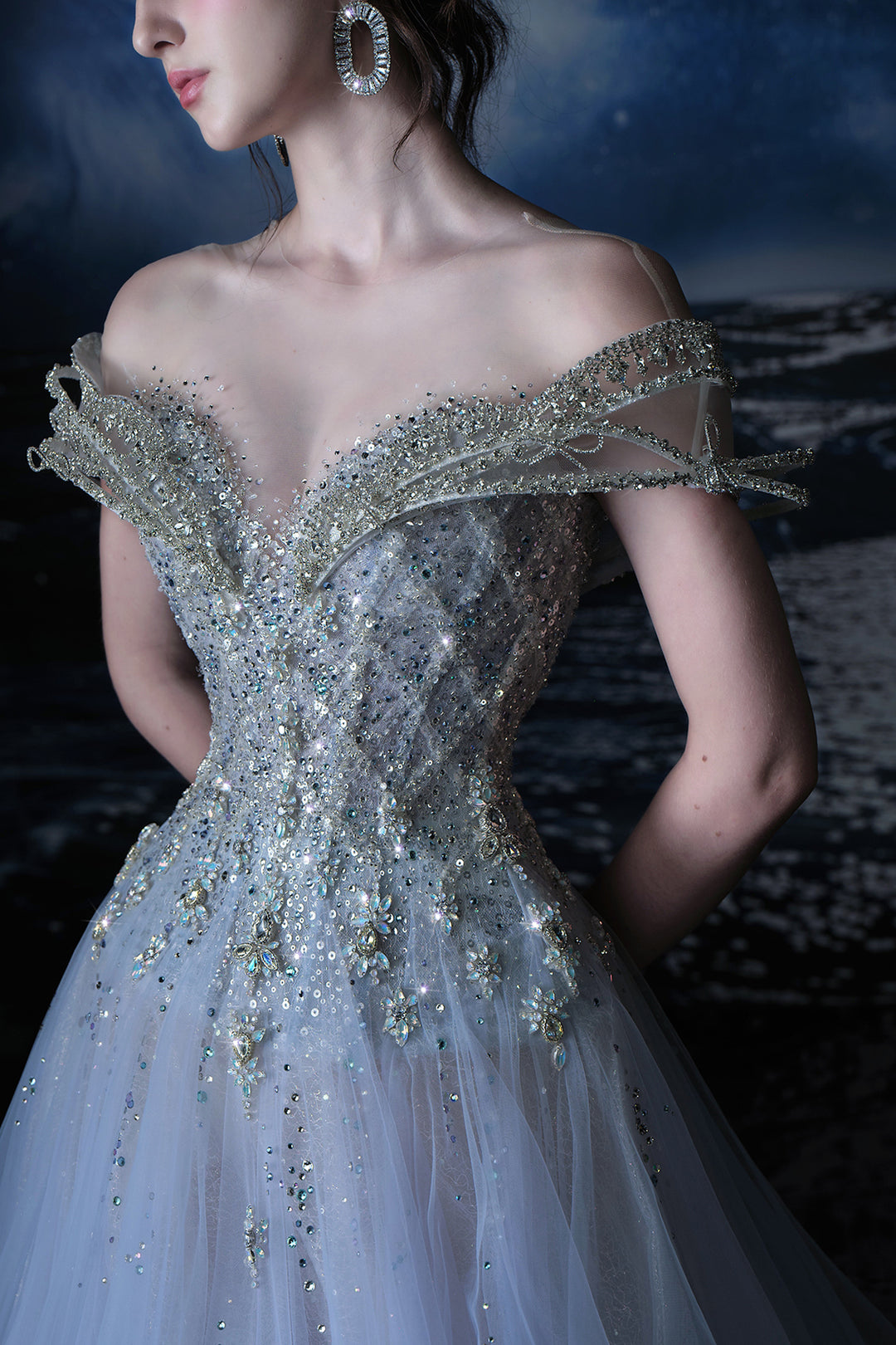 Off-The-Shoulder Neckline Beaded Embellishment Dress