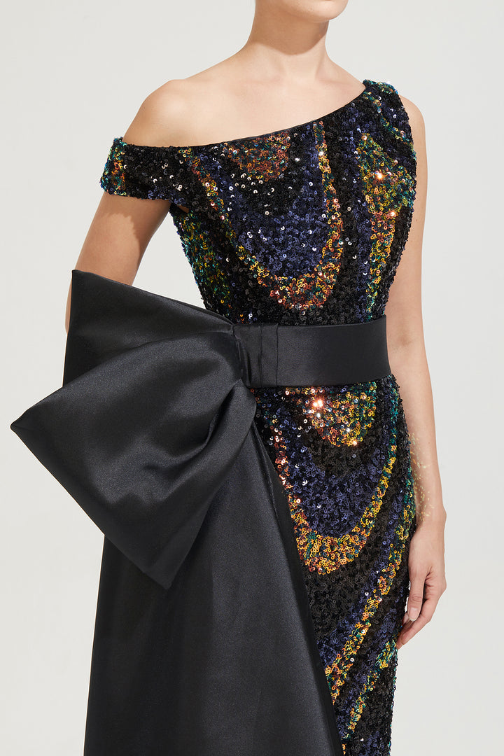 Asymmetric Sequin Dress with Bow