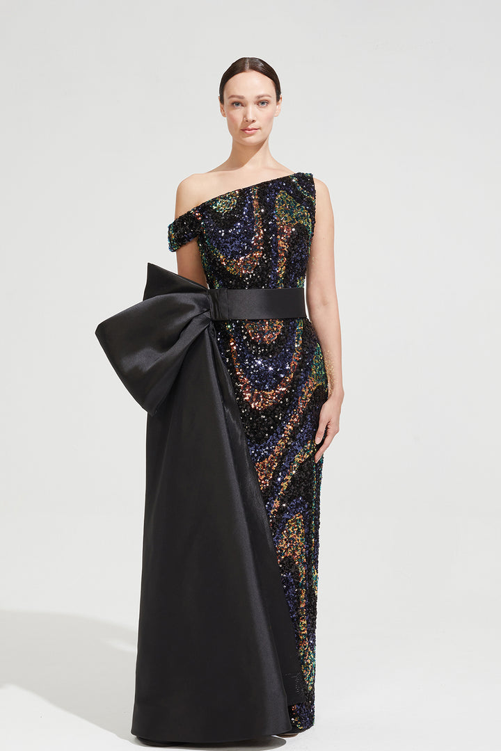 Asymmetric Sequin Dress with Bow