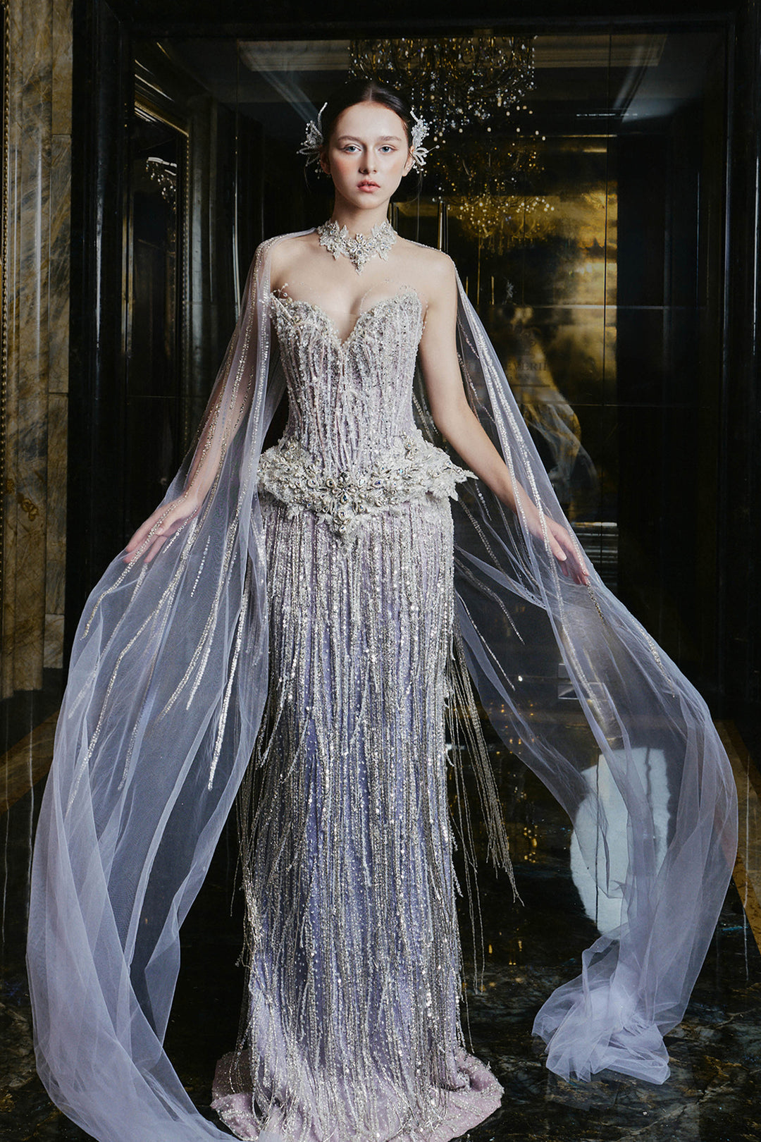 Full-Length Dress with Crystal Embellishments Silver / FR 44 Full-Length Dress with Crystal Embellishments Silver / FR 44