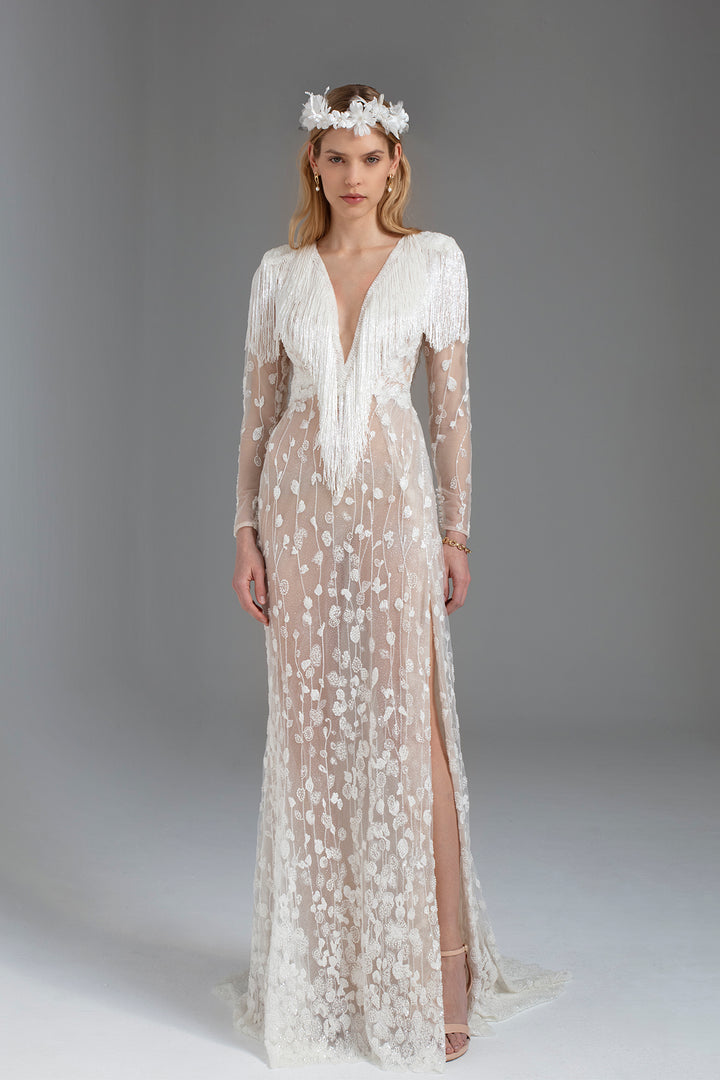 Wedding Dress with Long Sleeves, V-Neck bodice, Fringed Shawl Detail, and Short Train