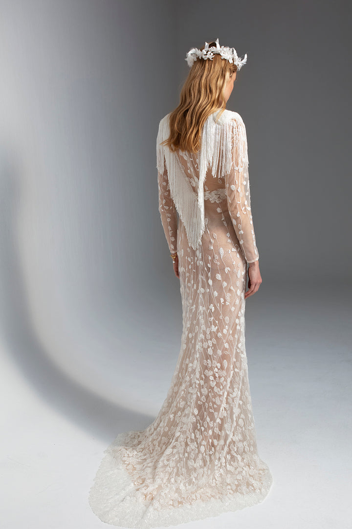 Wedding Dress with Long Sleeves, V-Neck bodice, Fringed Shawl Detail, and Short Train