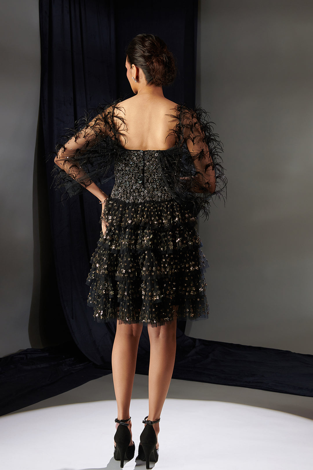 Tulle and Crepe Ruffled Midi Dress