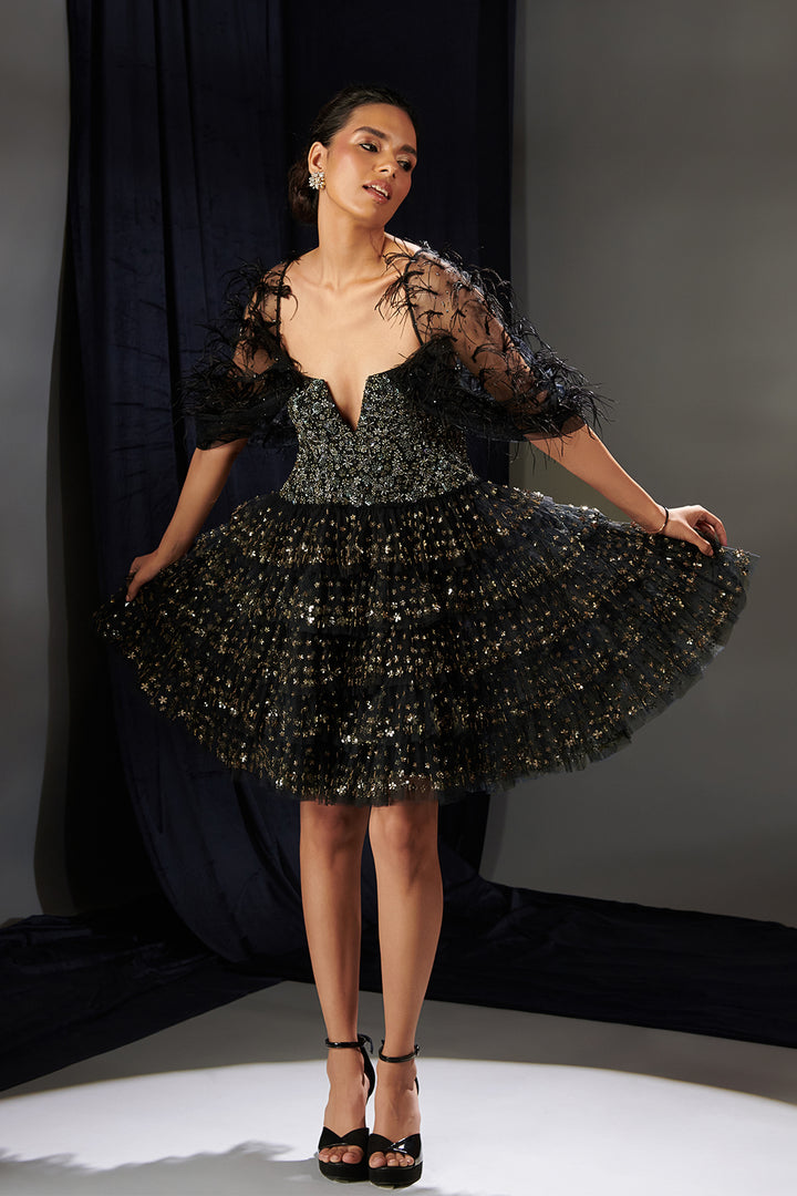 Tulle and Crepe Ruffled Midi Dress