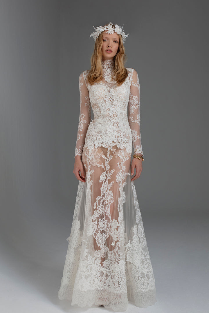 Wedding Dress with Mini Dress Base, Long Sleeves, and Semi-Transparent Long Skirt