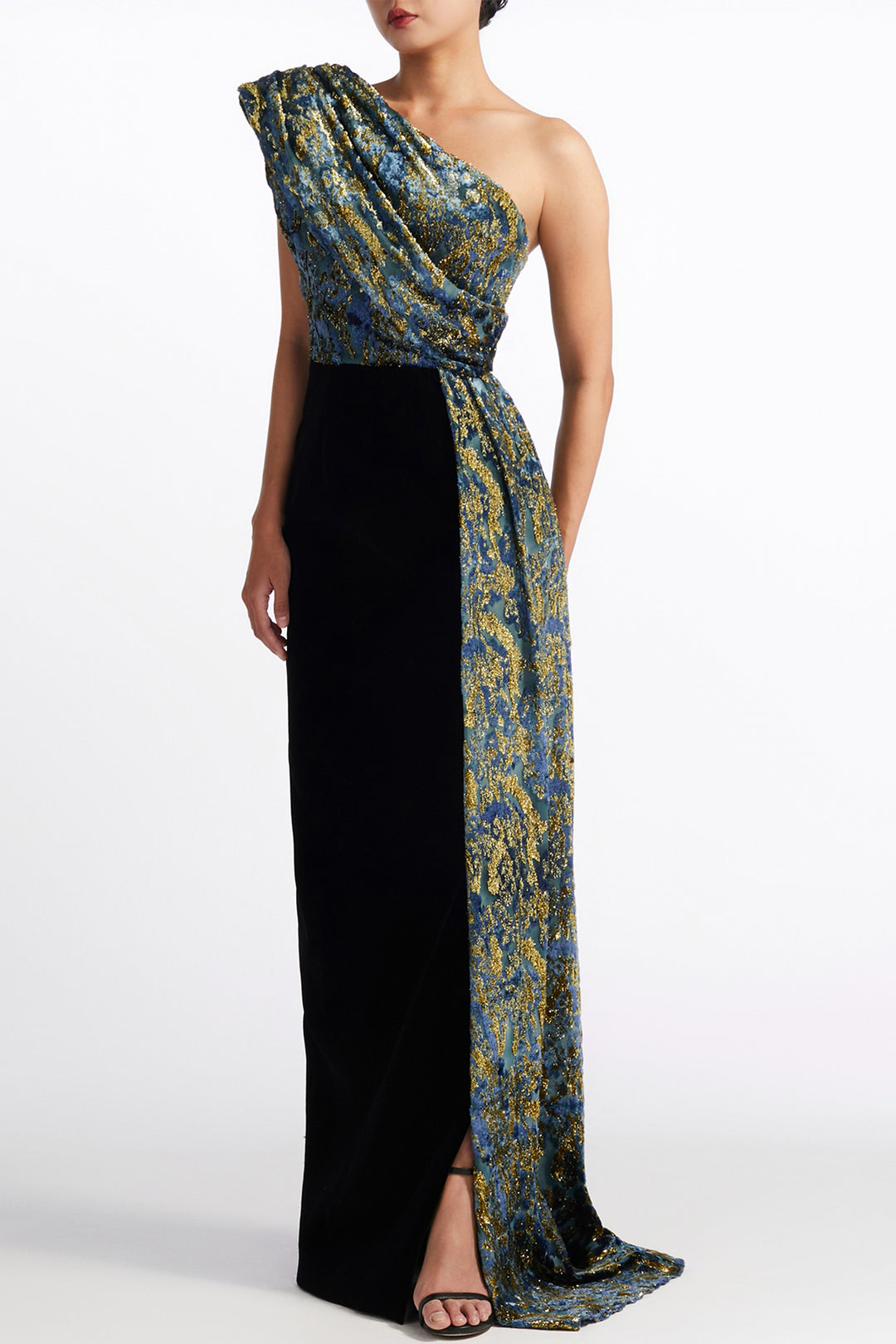 Shimmering One-Shoulder Draped with Column Dress