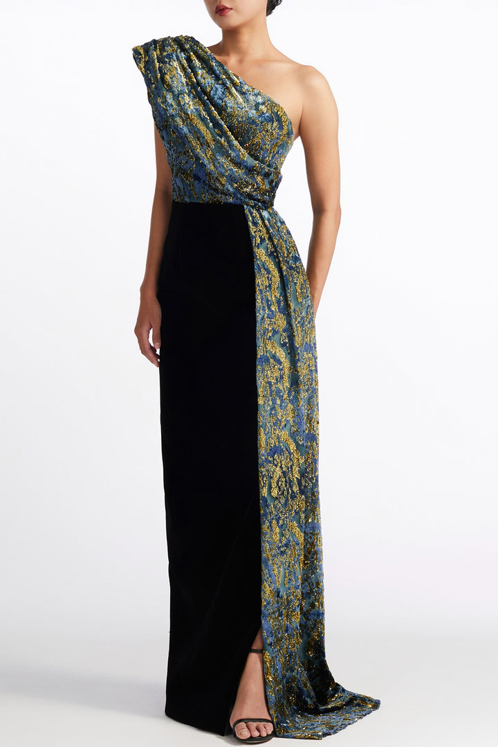Shimmering One-Shoulder Draped with Column Dress