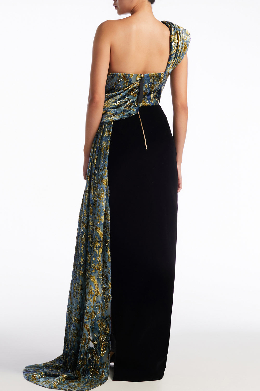 Shimmering One-Shoulder Draped with Column Dress