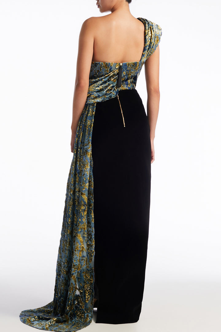 Shimmering One-Shoulder Draped with Column Dress
