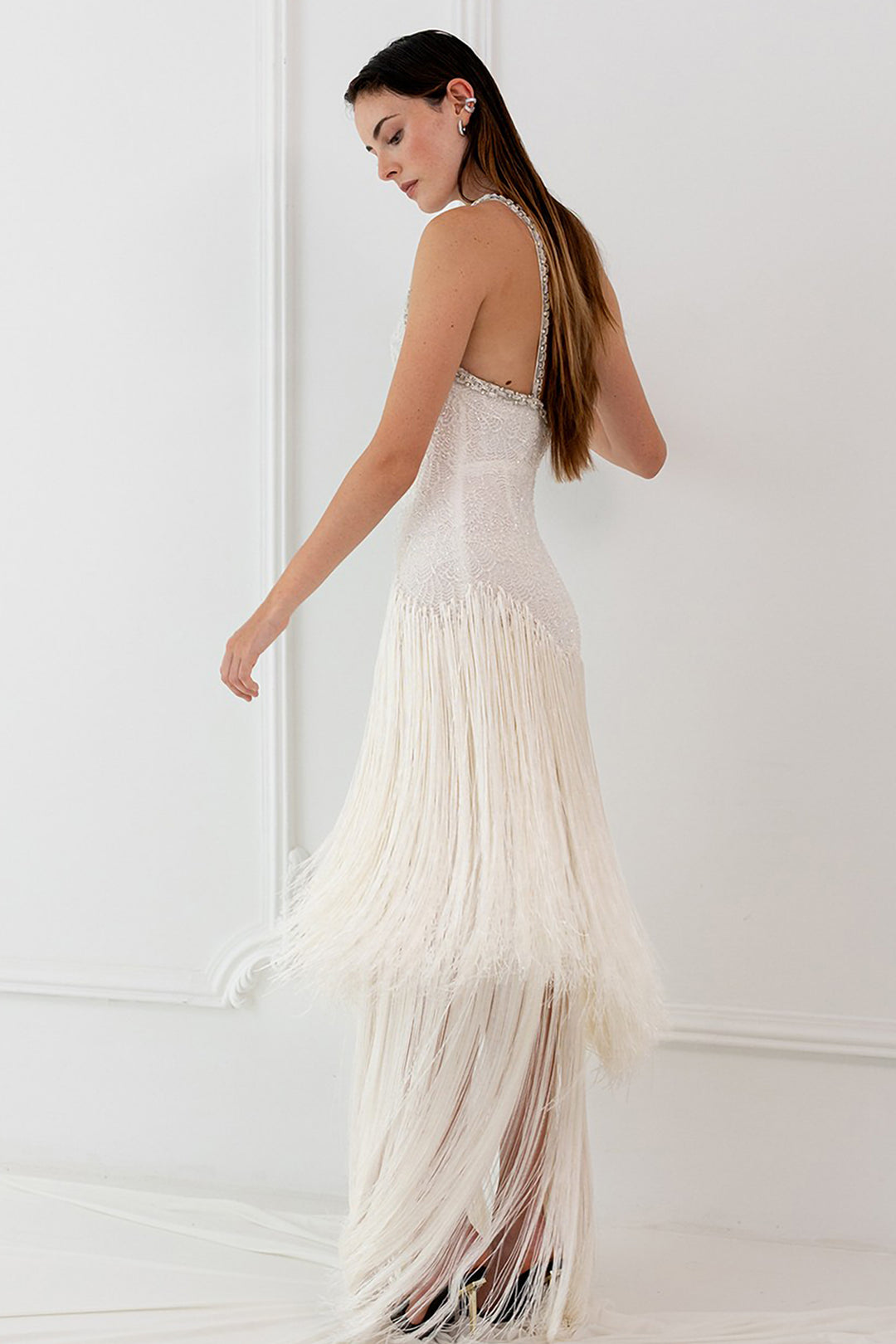Halter Dress with Beaded Embroidery and Fringe