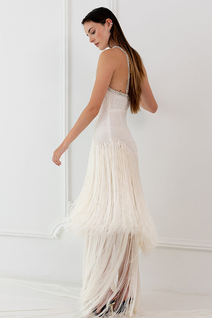 Halter Dress with Beaded Embroidery and Fringe