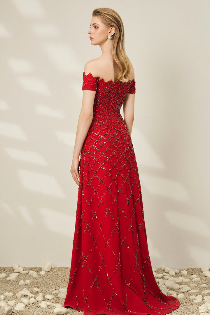 Off-The-Shoulder Lattice Beaded Crepe A-line Dress