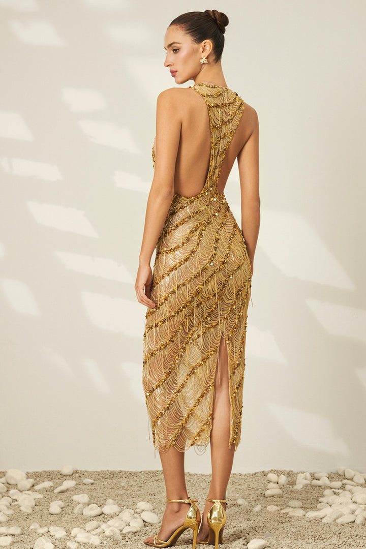 Sequin-Embellished Artisanal Beaded Tulle Midi Dress