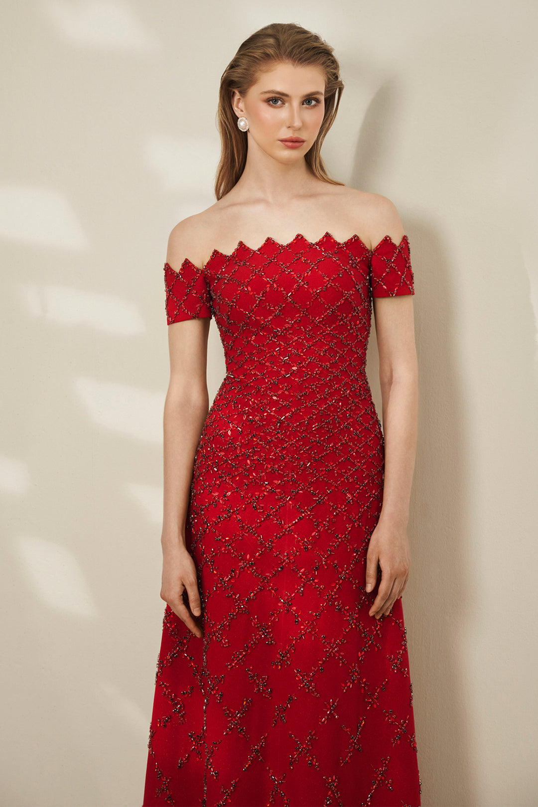 Off-The-Shoulder Lattice Beaded Crepe A-line Dress