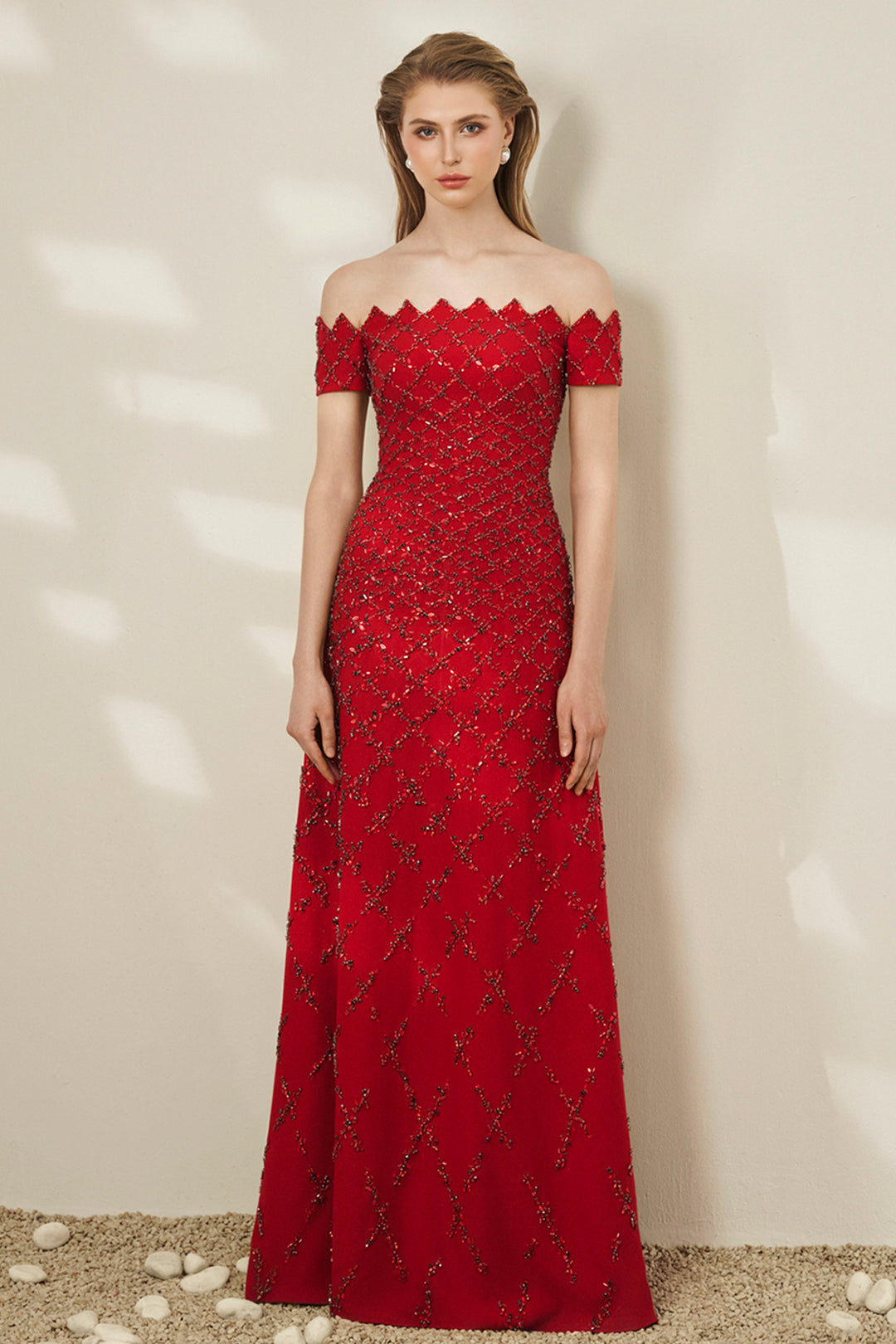 Off-The-Shoulder Lattice Beaded Crepe A-line Dress