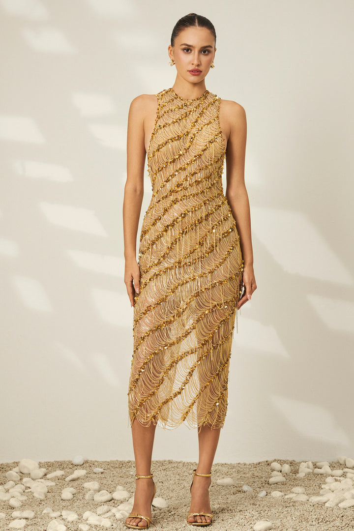 Sequin-Embellished Artisanal Beaded Tulle Midi Dress
