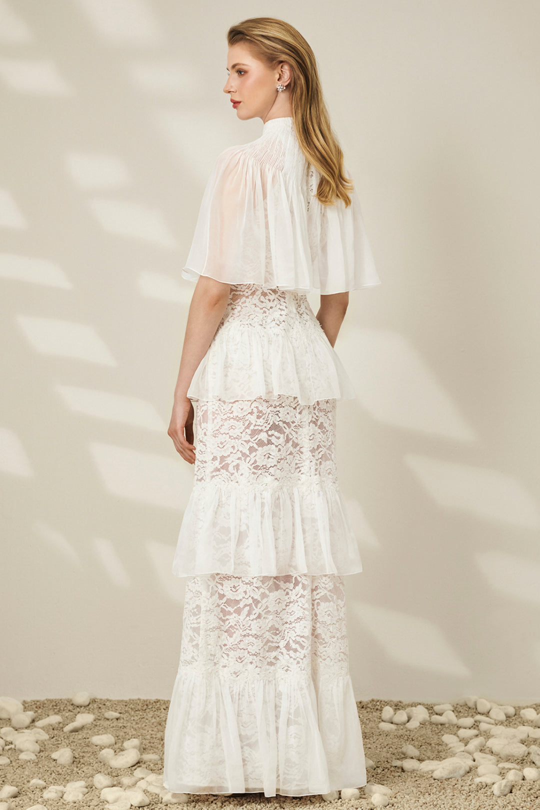 High-Neck with Cape Bodice Lace and Chiffon Dress