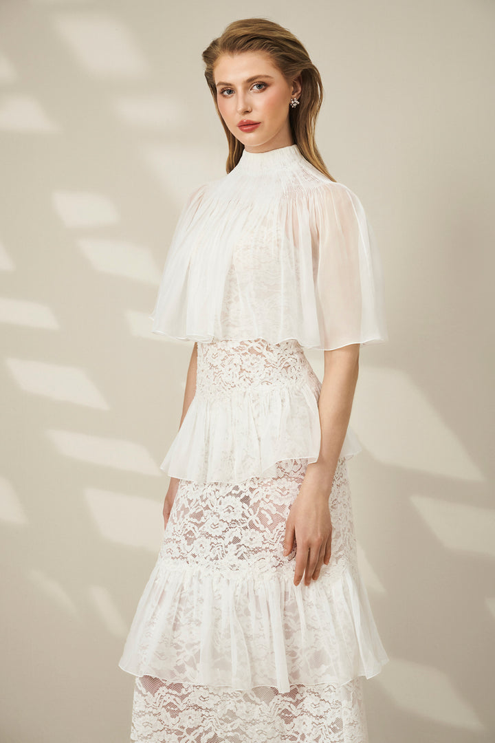 High-Neck with Cape Bodice Lace and Chiffon Dress