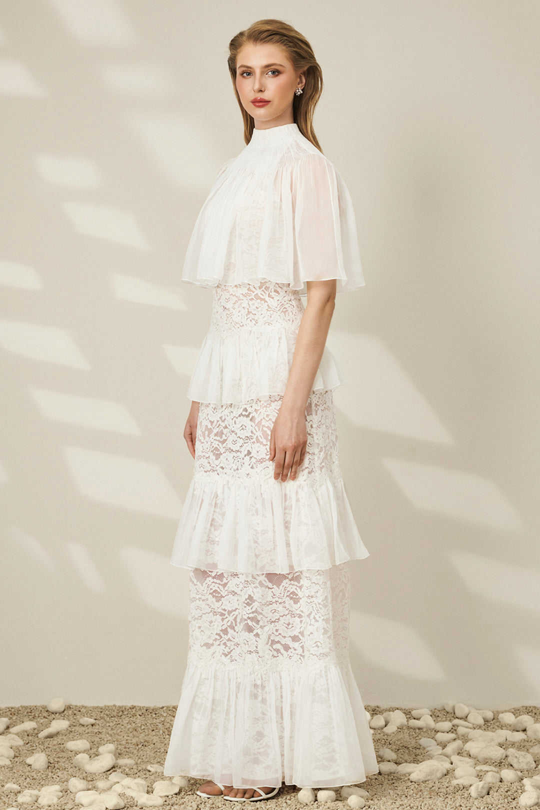 High-Neck with Cape Bodice Lace and Chiffon Dress