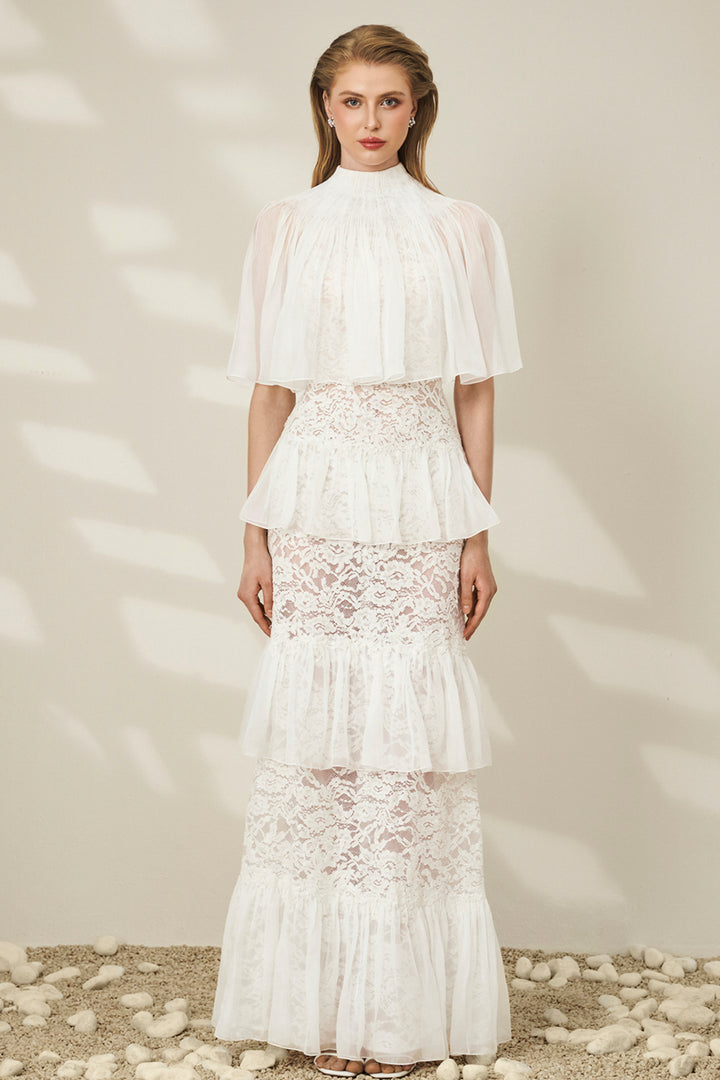 High-Neck with Cape Bodice Lace and Chiffon Dress