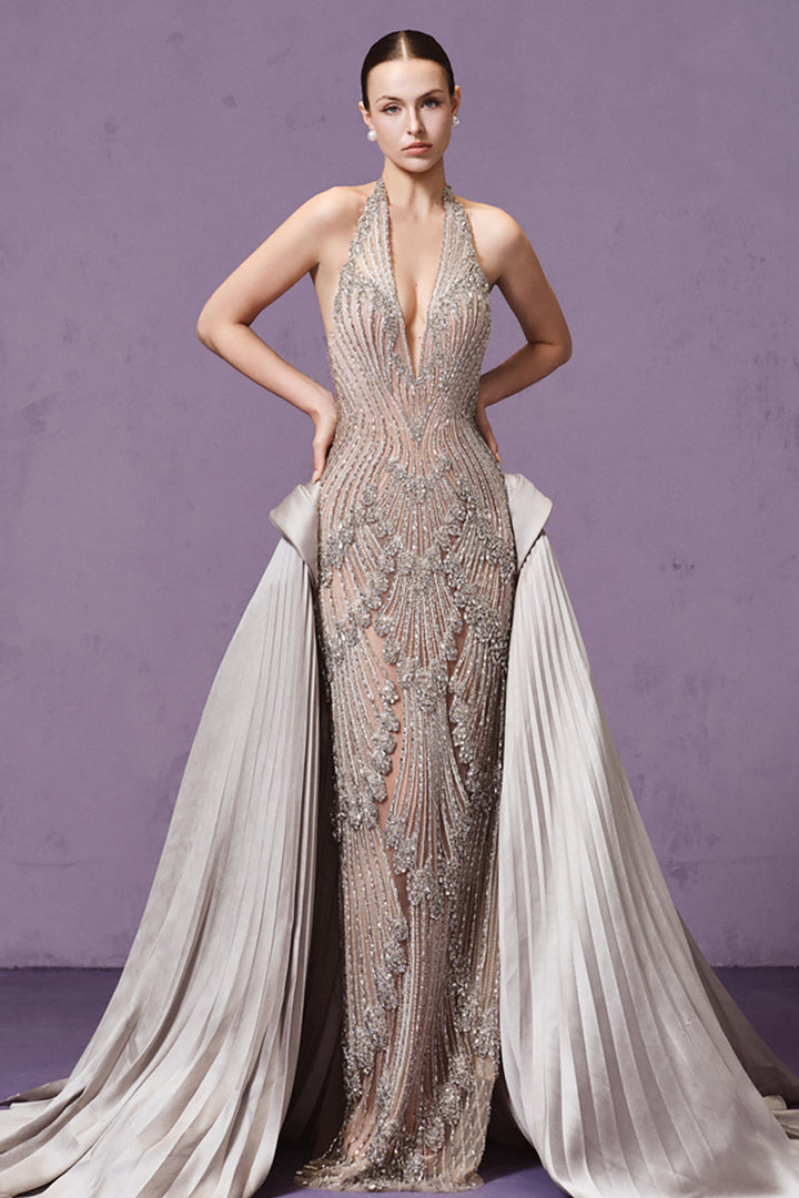 Embellished Seashell Halter with Overskirt Dress