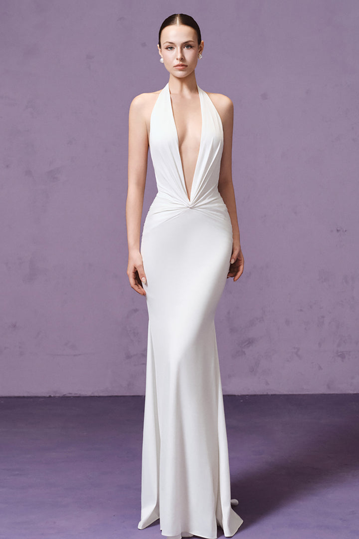 Plunging V-Neck Draped with Column Dress