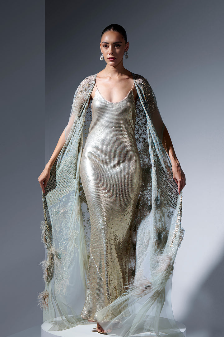 Embroidered Cape and Feathers