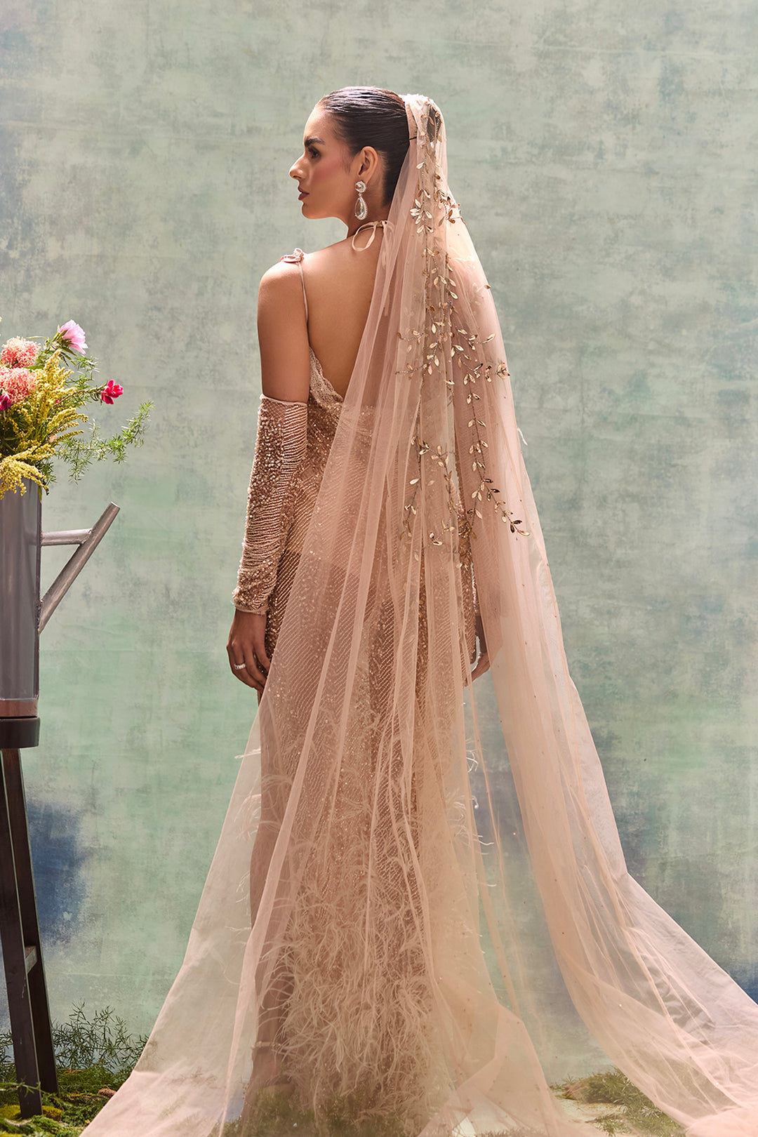 Column Dress with Beadwork and Veil