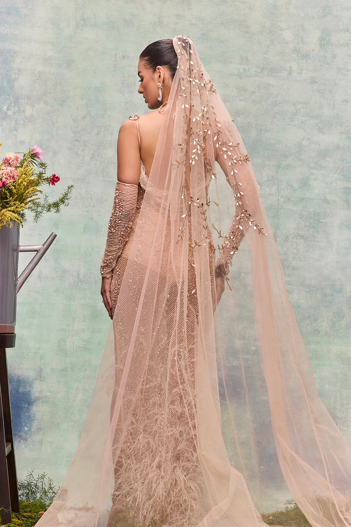 Column Dress with Beadwork and Veil