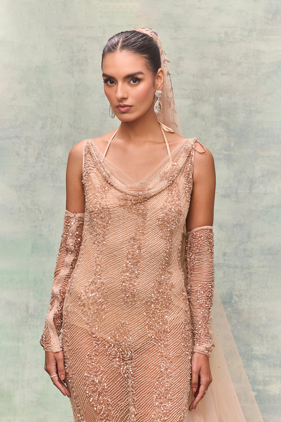 Column Dress with Beadwork and Veil