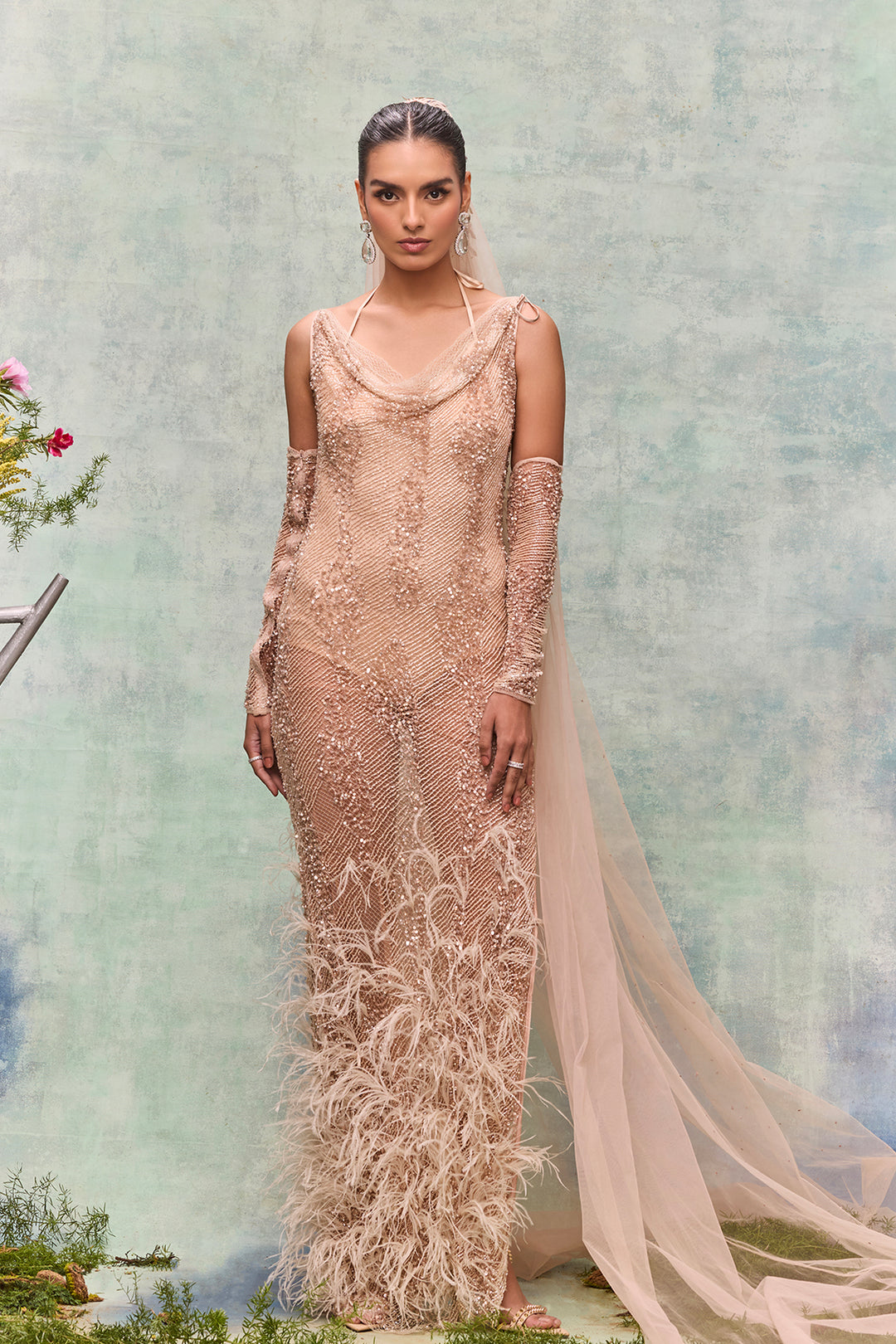 beaded column dress Beaded Column Gown With Open Back And High Slit 46099