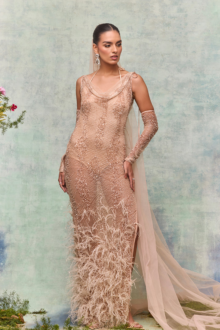Column Dress with Beadwork and Veil Nude / US 0 Column Dress with Beadwork and Veil Nude / US 0