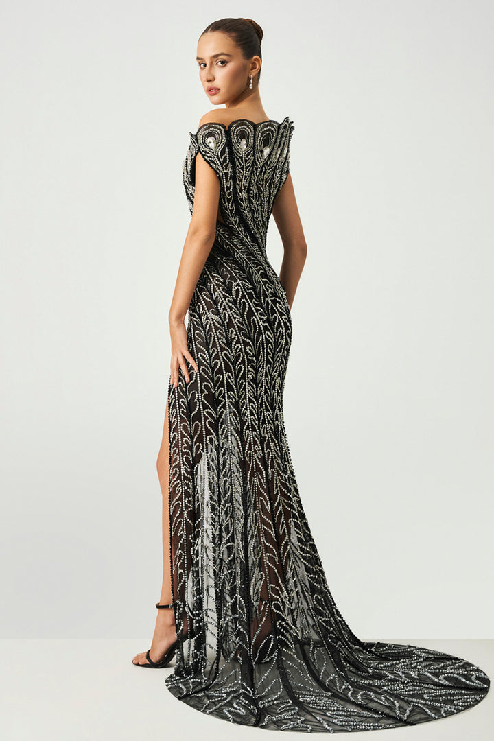 Off-the-Shoulder with Crystal-Beaded and Tulle Slit Dress