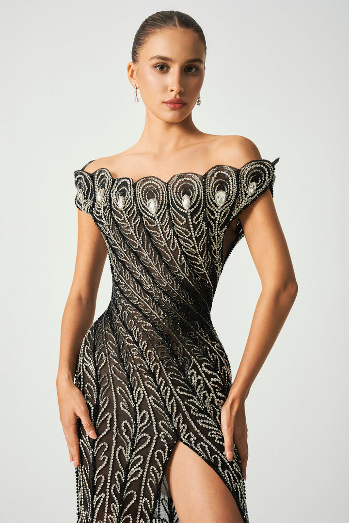 Off-the-Shoulder with Crystal-Beaded and Tulle Slit Dress