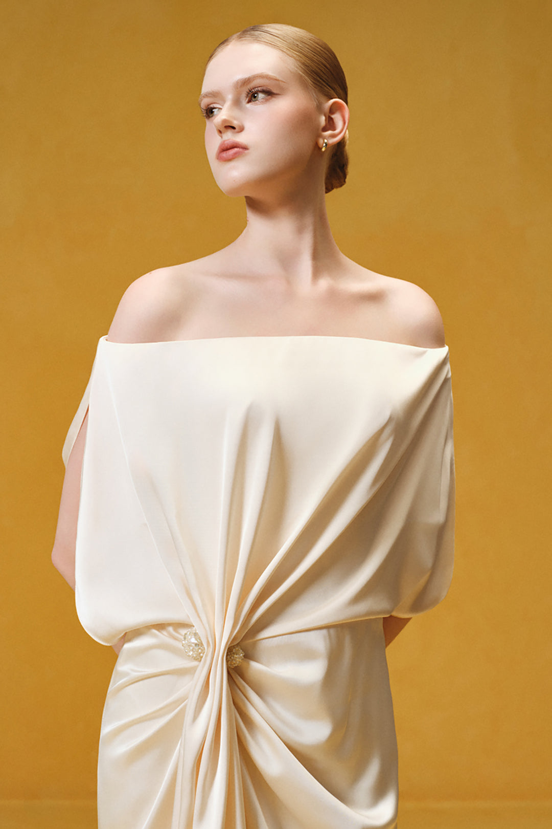 Off-the-Shoulder with Hand-Draped Satin Dress