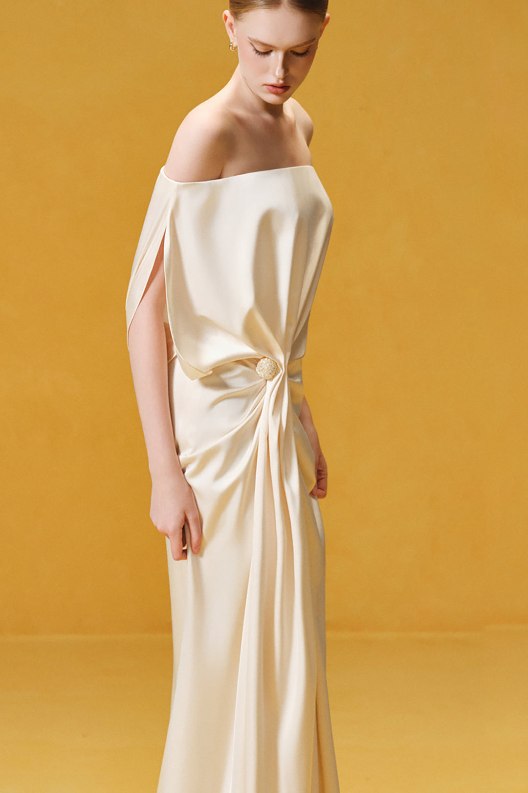 Off-the-Shoulder with Hand-Draped Satin Dress