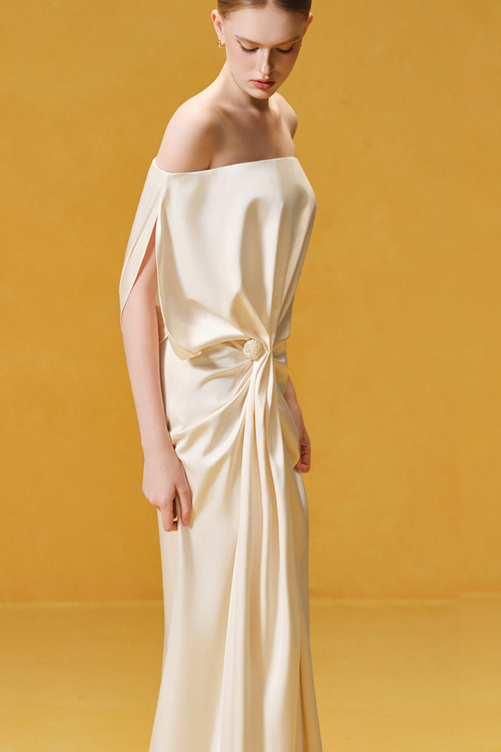 Off-the-Shoulder with Hand-Draped Satin Dress