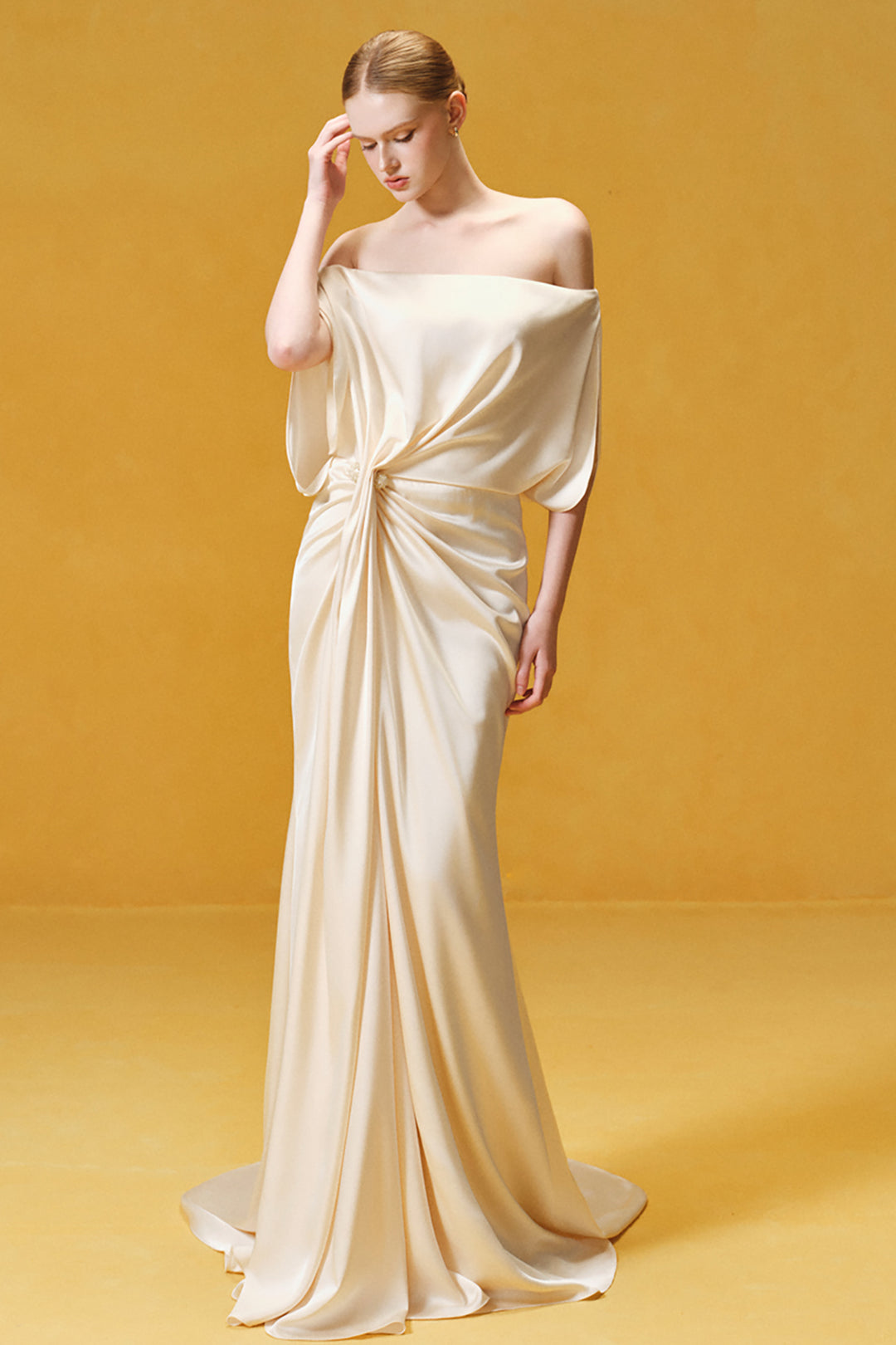 Off-the-Shoulder with Hand-Draped Satin Dress